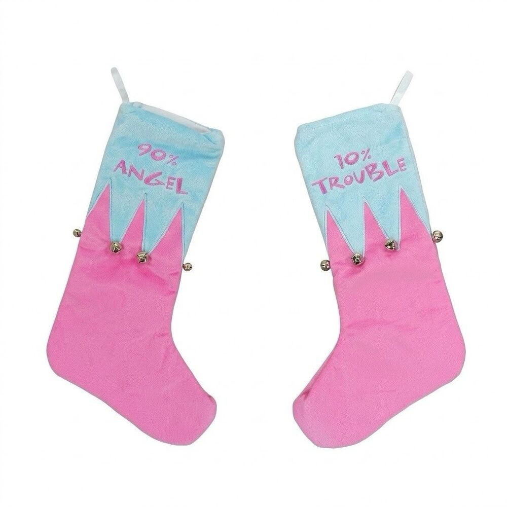 Pink Blue Plush Christmas Stocking 90% Angel 10% Trouble Jingle Bells Reversible